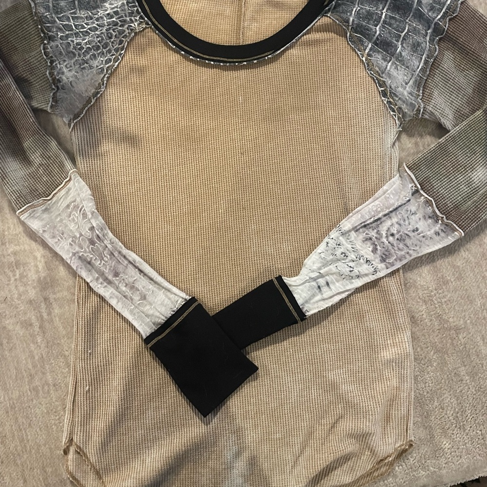 We The Free Beige and Black Long Sleeve Top